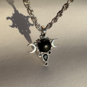 MOONSTONE TRIPLE MOON Necklace, 925 Sterling Silver Moon and Crescents Necklace, Handcrafted Hecate Symbol Pendant, Gothic Goddess Pendant