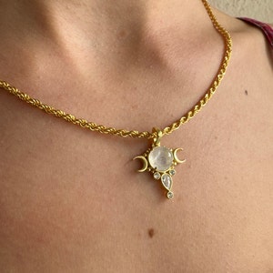 MOONSTONE TRIPLE MOON Necklace, 925 Sterling Silver Moon and Crescents Necklace, Handcrafted Hecate Symbol Pendant, Gothic Goddess Pendant