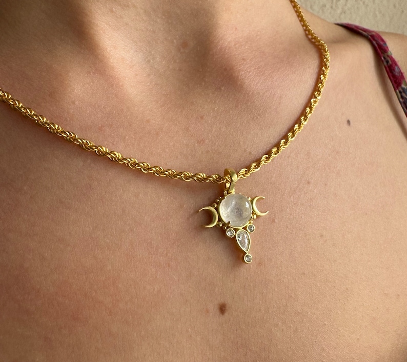 MOONSTONE TRIPLE MOON Necklace, 925 Sterling Silver Moon and Crescents Necklace, Handcrafted Hecate Symbol Pendant, Gothic Goddess Pendant