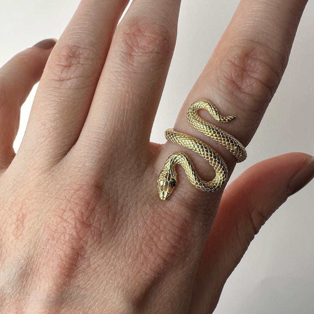 Gold Snake Ring, 925 Sterling Silver Unique Serpent with Green Eyes Ring, Witchcraft Jewelry, Gift for Her
