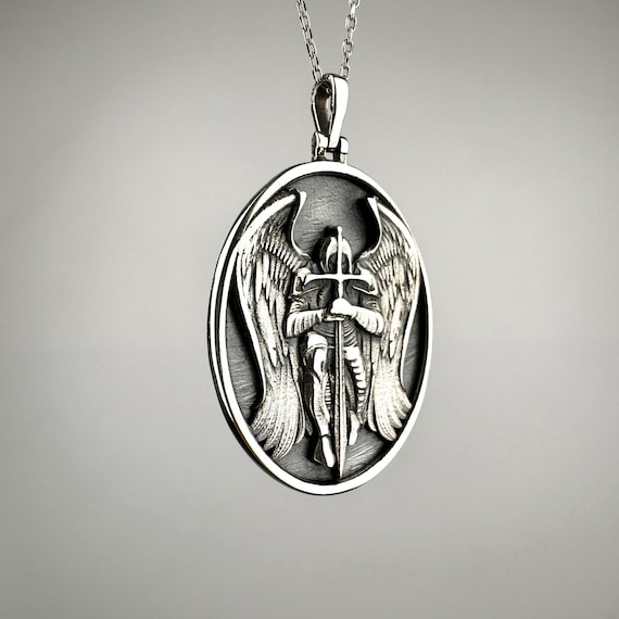 Archangel St. Michael Necklace, Solid 925 Sterling Silver Protector Guardian Angel Amulet Pendant