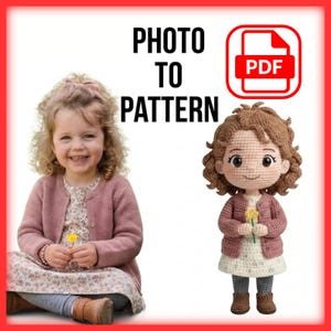 Individuell angefertigtes Kinder Häkelmuster für eine Amigurumi Puppe PDF vom Foto