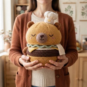 Burger Bear Knitting Pattern PDF, Cute Hamburger Teddy Bear Plush with Chef Hat