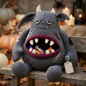 Puede incluir: Un peluche de monstruo tejido en color gris con una boca grande y abierta llena de dulces. La criatura presenta cuernos de color crema, detalles cosidos y una pequeña etiqueta de color crema unida a su mano. El monstruo tiene un cuerpo redondo, brazos largos y un borde rojo oscuro alrededor de su boca ancha y dentada.