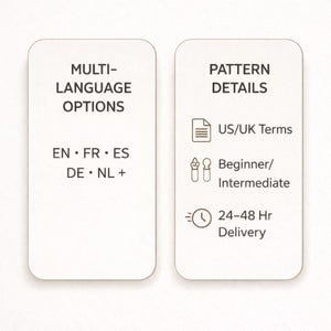 May include: Two white rectangular cards with rounded corners. The left card reads "MULTI-LANGUAGE OPTIONS" and lists language codes. The right card says "PATTERN DETAILS" and includes icons for US/UK terms, beginner/intermediate, and 24-48 hour delivery.