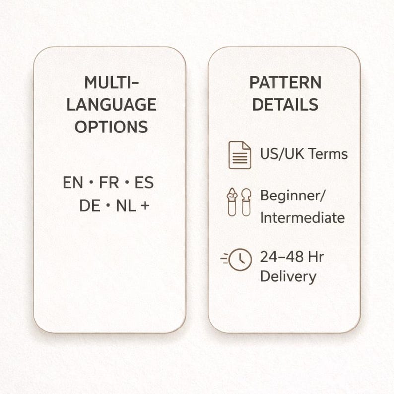 May include: Two white rectangular cards with rounded corners. The left card reads "MULTI-LANGUAGE OPTIONS" and lists language codes. The right card says "PATTERN DETAILS" and includes icons for US/UK terms, beginner/intermediate, and 24-48 hour delivery.