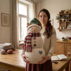 May include: A plush snowman toy made of cream-colored knit fabric, wearing a green knit hat with a small gingerbread man accent, and a red and green striped scarf. The snowman features three distinct buttons on its chest and a blue heart patch.