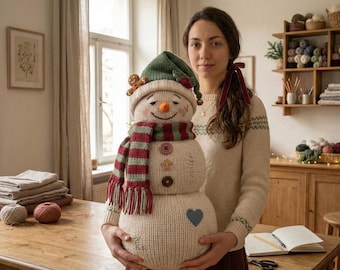 May include: A plush snowman toy made of cream-coloured knit fabric, wearing a green knit hat with a small gingerbread man accent, and a red and green striped scarf. The snowman features three distinct buttons on its chest and a blue heart patch.