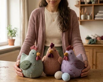 May include: Three hand-knitted chicken figurines in soft sage green, dusty rose, and lavender colours. Each chicken features a contrasting dark red comb and wattle, a yellow beak, and small dark eyes. Two small, round, knitted eggs sit in front.
