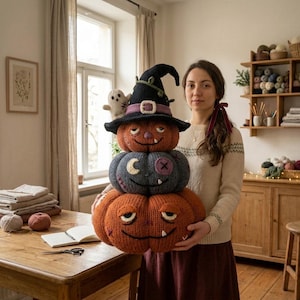 Stickmönster för staplade pumpor i PDF-format, häxhatt, spöke, gotisk halloweendekoration