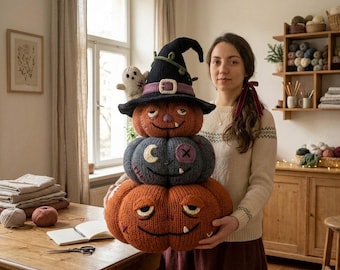 May include: A stack of three knitted plush pumpkins featuring embroidered facial expressions and a small ghost figure. The top pumpkin wears a black witch hat with a purple band and buckle. The middle pumpkin is grey with a moon and cross-stitch detail.