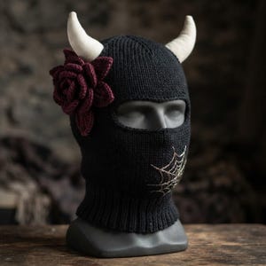 Horned Balaclava Knitting Pattern PDF, Gothic Rose & Spiderweb Ski Mask