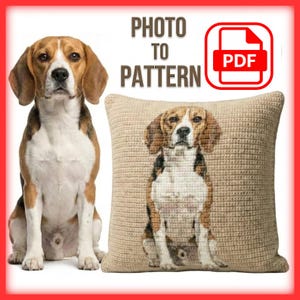 May include: A beagle dog sits next to a beige crochet pillow featuring a beagle image. The pillow has a square shape and a textured surface. The image also includes the text "PHOTO TO PATTERN" and a PDF icon.