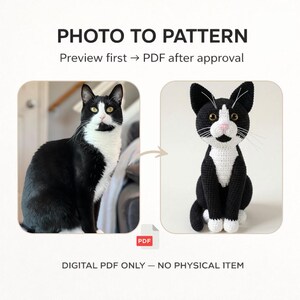 May include: A digital graphic showing a black and white cat next to a crocheted replica of the same cat. Text reads: PHOTO TO PATTERN, Preview first -> PDF after approval, and DIGITAL PDF ONLY &mdash; NO PHYSICAL ITEM.