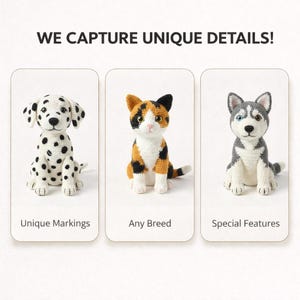 May include: Three crocheted animal figures with the text WE CAPTURE UNIQUE DETAILS! above them. The left is a white Dalmatian with black spots, the centre is a calico cat, and the right is a grey and white husky with heterochromia.