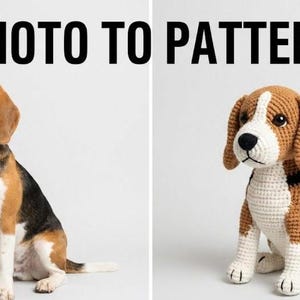 May include: Image showing a real beagle dog next to a crocheted beagle. The real dog is brown, black, and white, sitting on a white background. The crocheted dog is made of brown, black, and white yarn, with a white background. Text at the top reads "PHOTO TO PATTERN".