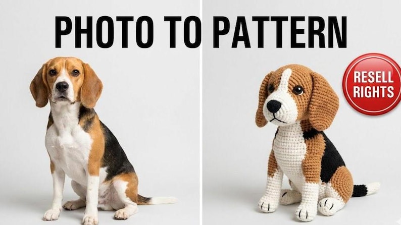 May include: Image showing a real beagle dog next to a crocheted beagle. The real dog is brown, black, and white, sitting on a white background. The crocheted dog is made of brown, black, and white yarn, with a white background. Text at the top reads "PHOTO TO PATTERN".