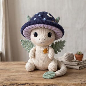 May include: A cream-colored knitted plush creature with a dark blue mushroom cap hat featuring light blue stars and a crescent moon. The creature has light green fern-like wings, a matching leaf-shaped tail tip, and a small orange leaf embroidery on its chest.