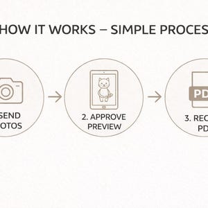 May include: A three-step process diagram titled HOW IT WORKS &ndash; SIMPLE PROCESS. Step 1 shows a camera icon with the text 1. SEND PHOTOS. Step 2 shows a tablet icon with a cat illustration and 2. APPROVE PREVIEW. Step 3 shows a PDF icon and 3. RECEIVE PDF.