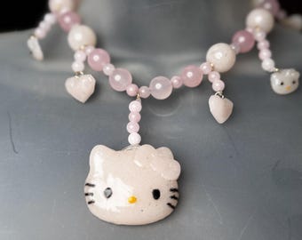 Rose Quartz and Morganite Hello Kitty Necklace