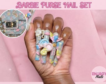Barbie Energy Nails Handmade Press On Nails with Genuine Angelite, Kyanite, Ruby Kyanite Crystal Healing  Wellness