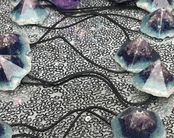 Fluorite , Lepidolite, Blue Appetite Aura  Quartz , Blue goldstone,  Healing Crystal Pony tail. Raising the vibrations combination.