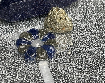 Blue Goldstone and Pyrite Healing Crystal Flower Barrette