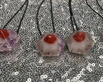 Amethyst , Lepidolite, Watermelon Tourmaline, Rose Quartz, Red Jasper, Healing Crystal Hexagon Pony tail