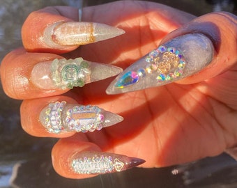 Money Energy aventurine, citrine,  tiger eye,  clear quartz, stiletto nail set
