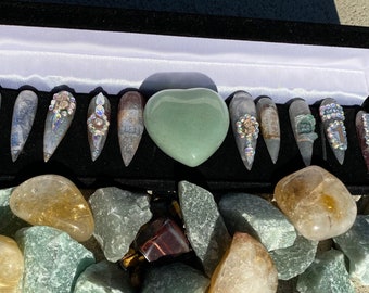 Money Energy aventurine, citrine,  tiger eye,  clear quartz, stiletto nail set