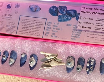 Evil Eye Protective nail set made using lapis, howlite, black tourmaline, larimar blue apatite healing crystals