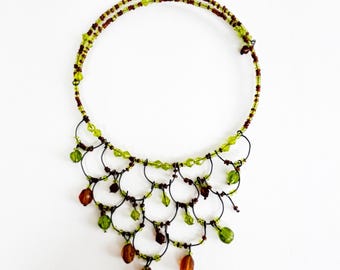 Peridot Green & Amber Glass Bib Necklace, Scalloped Wire Statement Choker