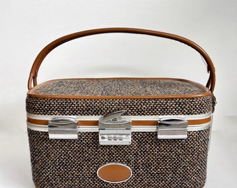Skyway Tweed Train Case | Mid-Century Modern Makeup Vanity Suitcase | 1960s Cosmetic Case with Tray