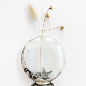 Vintage Celestial Moon Star Bud Vase, Pewter Face Base Whimsigoth Decor