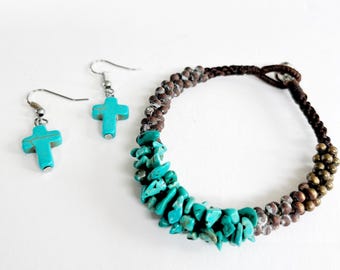Turquoise Cross Earrings & Chip Bracelet Set