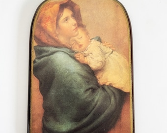 Madonnina Wood Plaque: Mother and Child Icon, Roberto Ferruzzi Art, Made in Italy