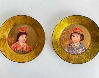 Edna Hibel Oriental Gold Series Plates: Sakura & Michio Porcelain Set