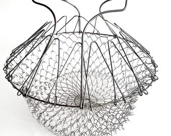 Vintage Collapsible Wire Mesh Kitchen Basket | Rustic French Egg Basket | Metal Steamer Strainer Caddy