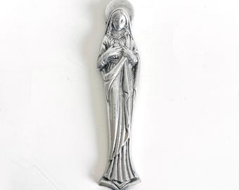 Vintage Mexican Virgin Mary Pewter Wall Hanging Hecho en Mexico