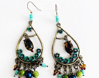 Lucky Brand Boho Chandelier Earrings, Turquoise Blue Enamel Floral Dangles, Antiqued Bronze Teardrop Jewelry
