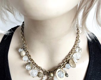 Vintage French Motto Charm Necklace, Tree of Life, Heart, Frosted Beads, Paris Boho