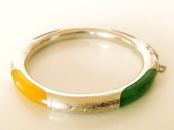 Jade and Silver Bangle 925 Silver Green Jade Red … - image 1