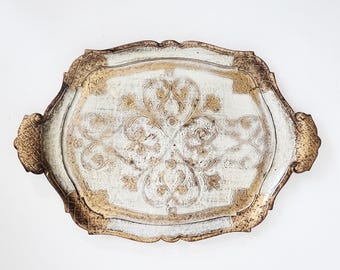Florentine Style Serving Tray Gold Leaf & Off-White Floral Vanity Platter