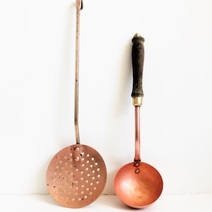 Vintage Copper Utensil Set Copper Ladle and Strainer Brass and Wood Handles