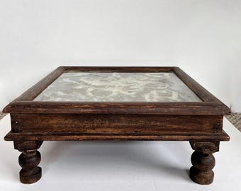 Distressed Wood & Floral Glass Riser | Bohemian Pedestal Table | Coffee Table Tray