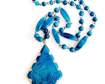 Mayan Aztec Calendar Necklace, Cobalt Blue Sun Stone Pendant