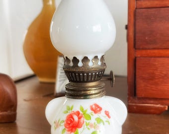 Miniature Milk Glass Oil Lamp Red Rose Floral Hurricane Lamp Hand Painted