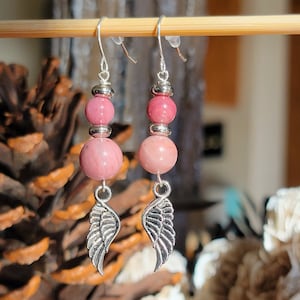 Love and Protection:  Rhodochrosite Earrings with Angel Wing Charms