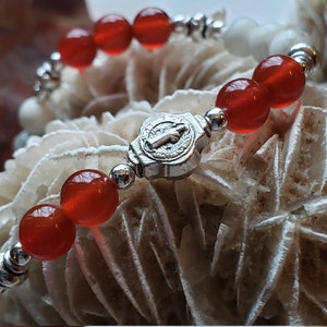 College of St. Benedict -&quot;The Bennie&quot;  St. Benedict Medal with Howlite and Carnelian Stretch Bracelet