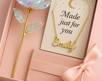 Caja de regalo de cristal rosa personalizada con collar con nombre personalizado